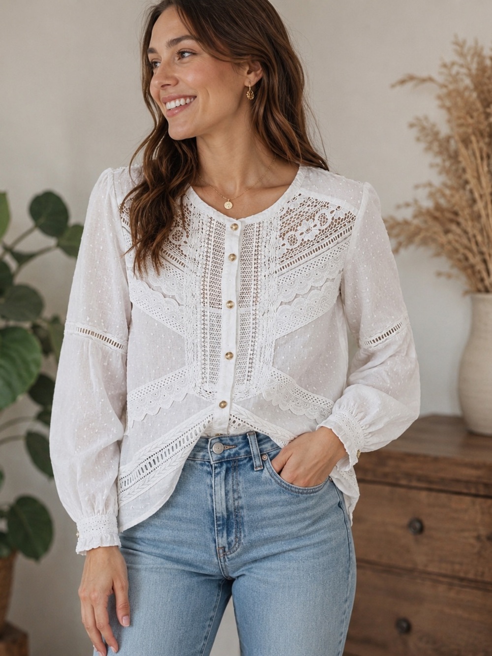 Anthropologie Feather Bone White Lace Swiss Dot Boho Blouse Size 12